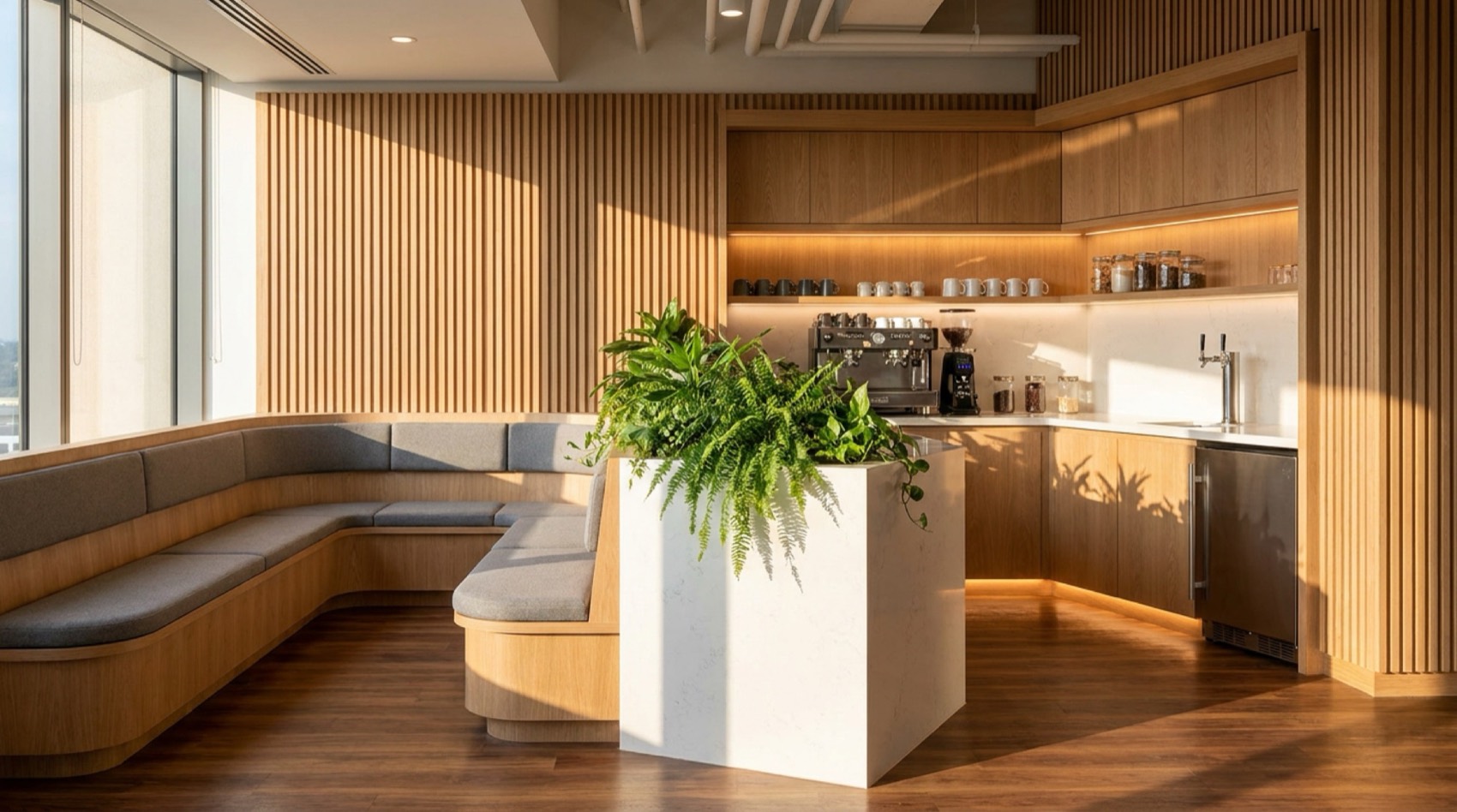 White oak coffee station and banquette millwork at the AI Digital offices