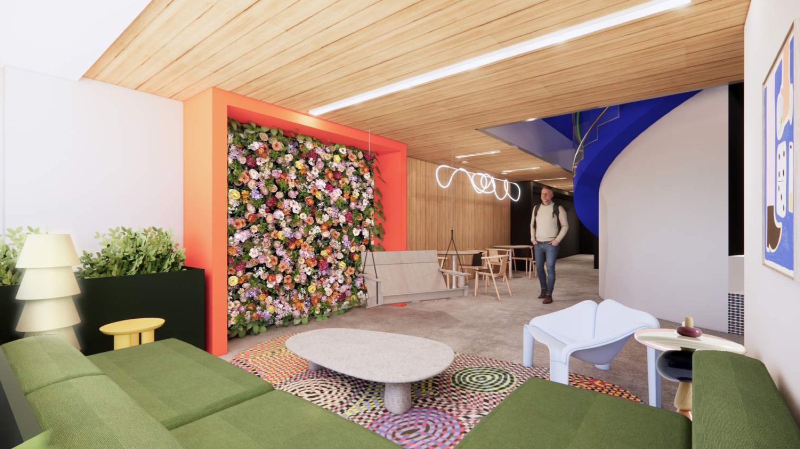 Project rendering — entry lounge with planter millwork (design: Gensler)