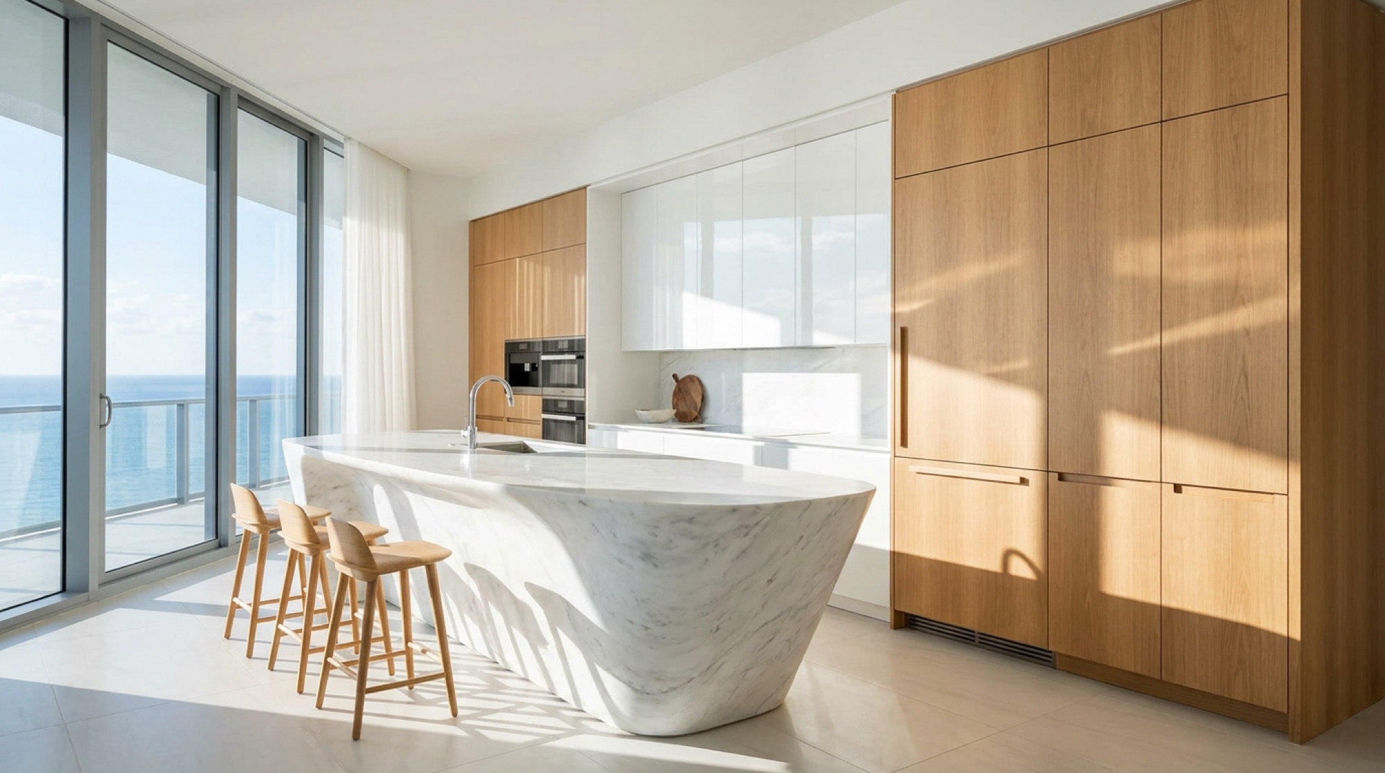 Sculptural custom kitchen with high-gloss and oak millwork at the Akoya Residence