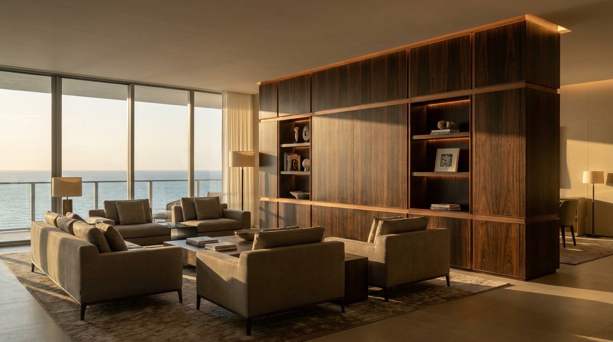 Full-height dark wood wall unit with bronze details in the Armani Residence living room