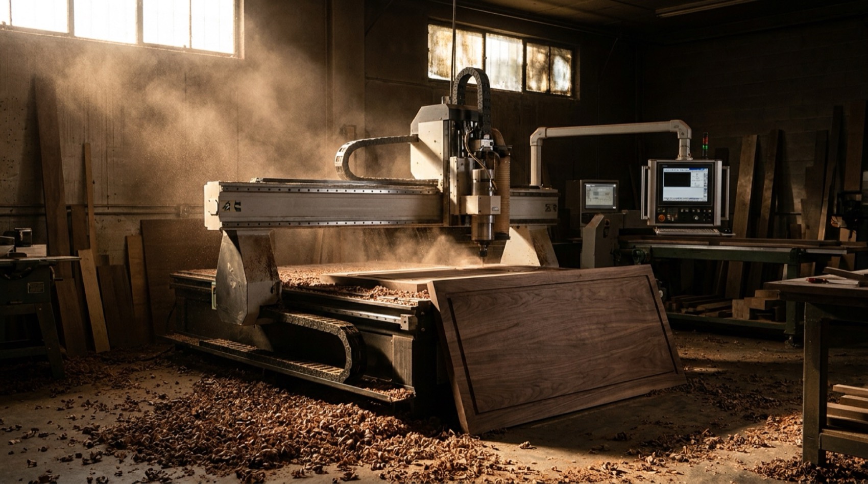 CNC router cutting a walnut panel in the Metro Millwork shop