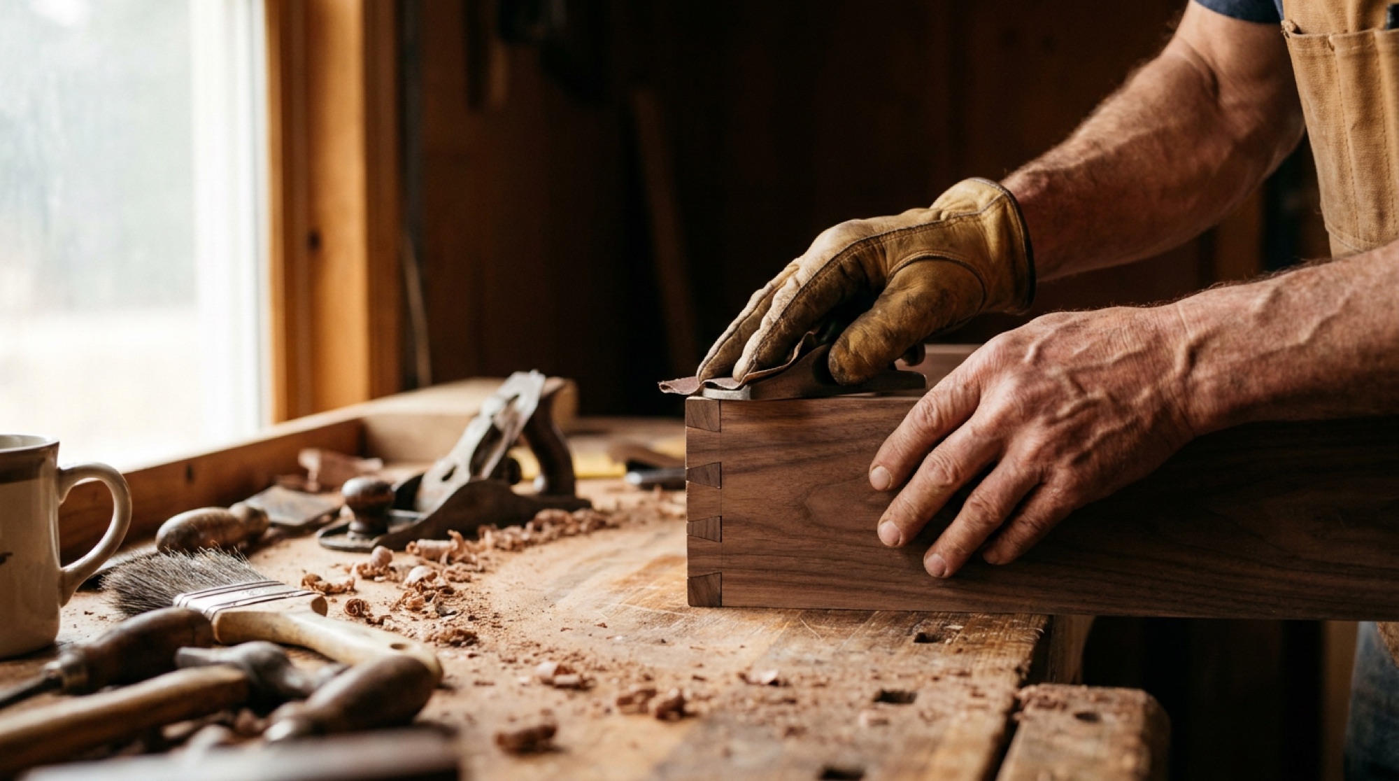 Craftsman's hands sanding a walnut joint