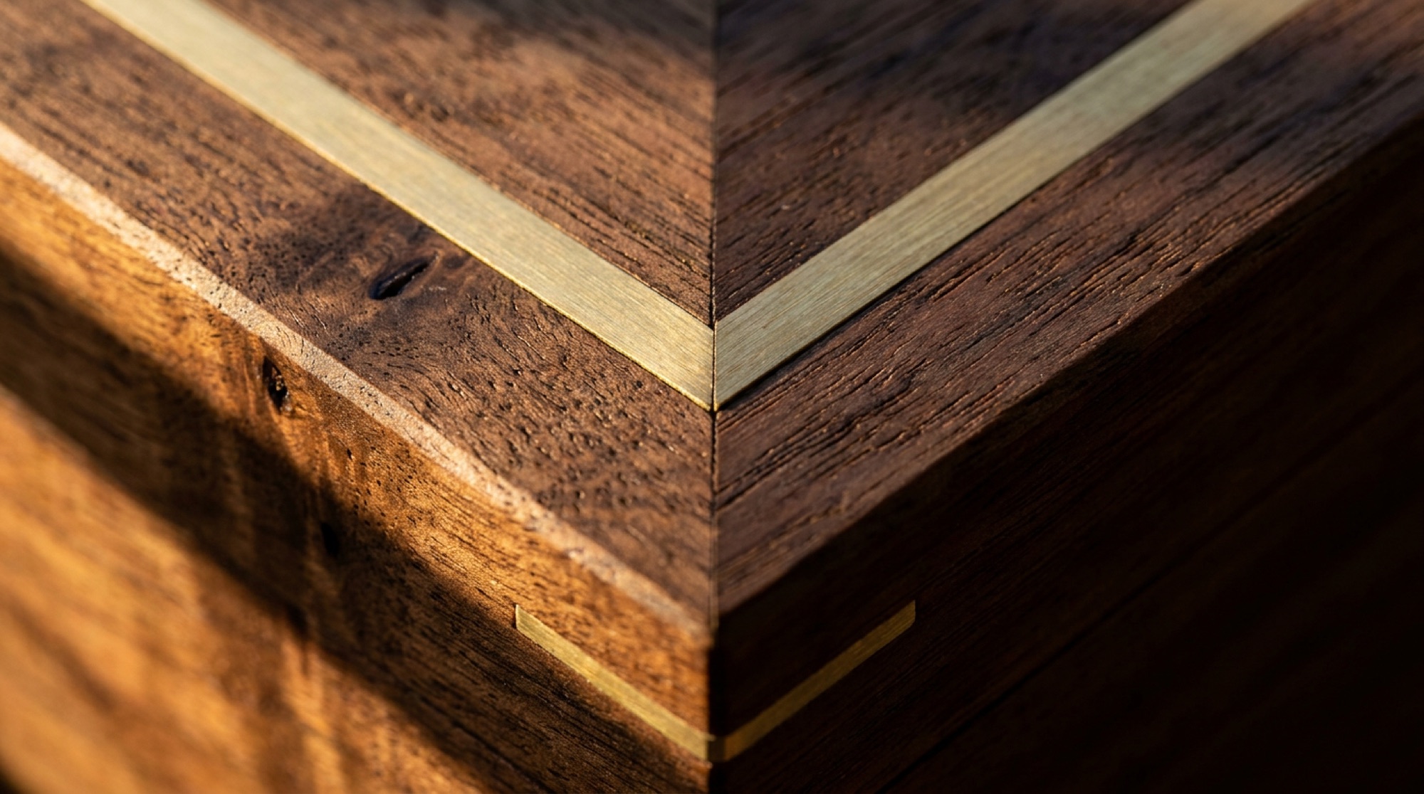Macro of a mitered walnut corner joint with brass inlay