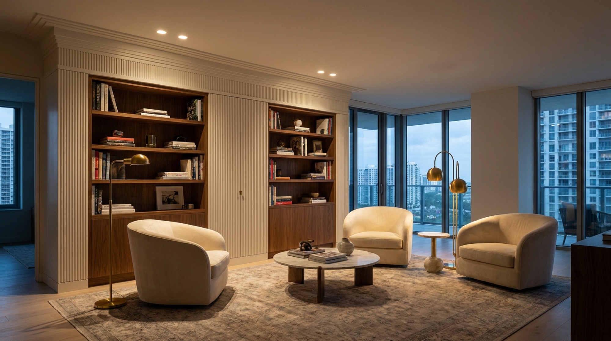 Tailored classic-modern millwork library wall in the Dow Residence