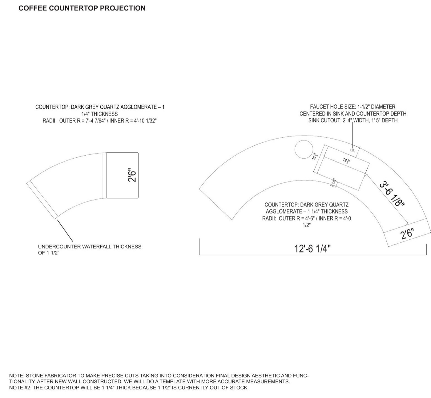 Countertop projection — stone radii — shop drawing