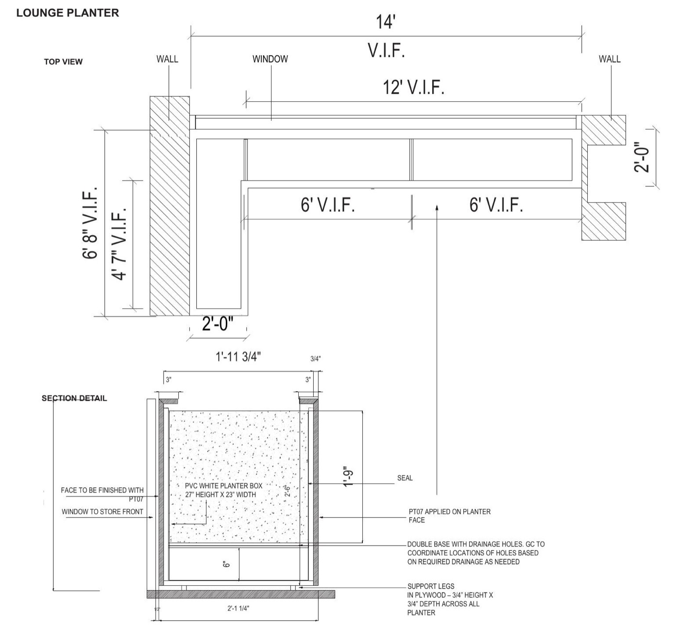 Lounge planter — plan & section — shop drawing