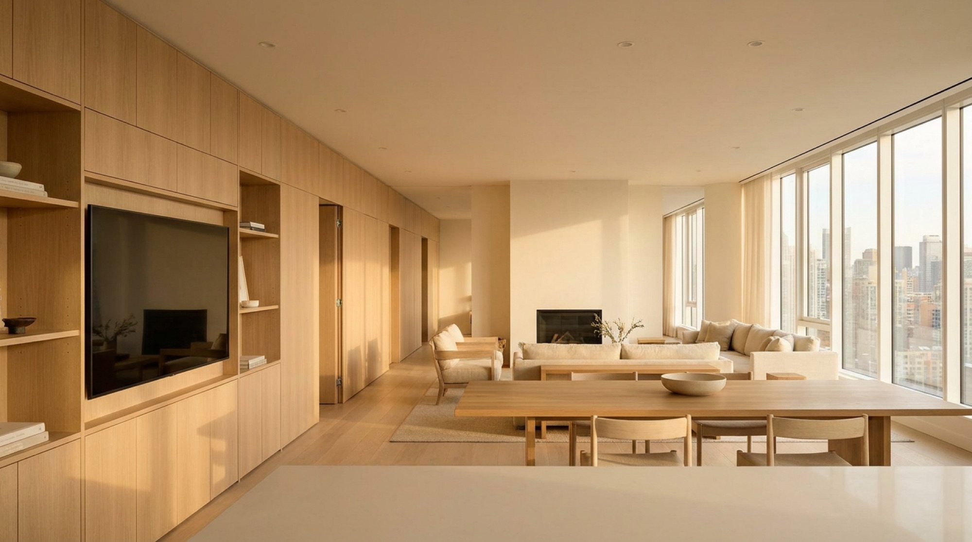 Continuous custom millwork through the open-concept Joy Fishman Residence