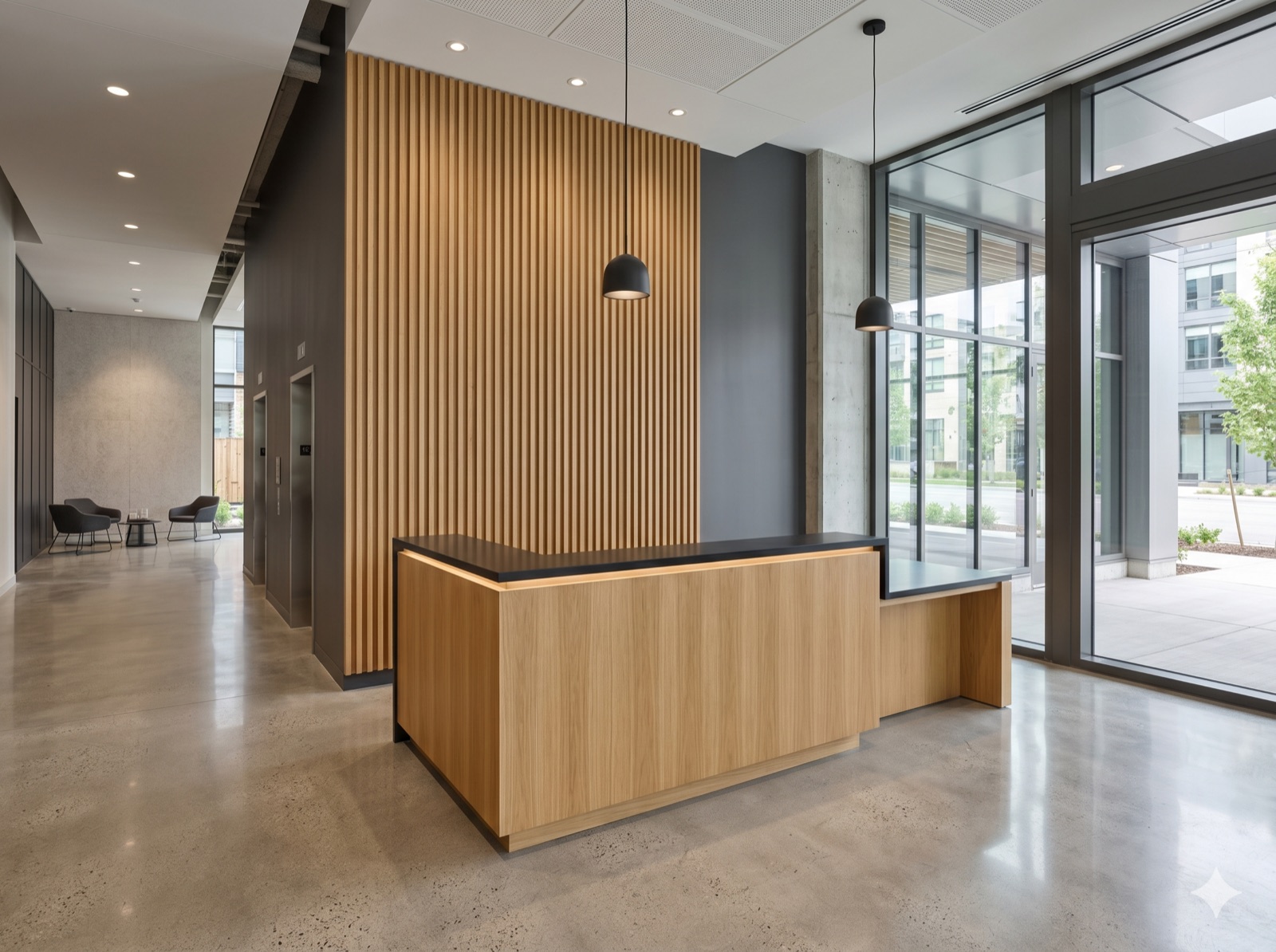 Commercial lobby reception desk and wood feature wall
