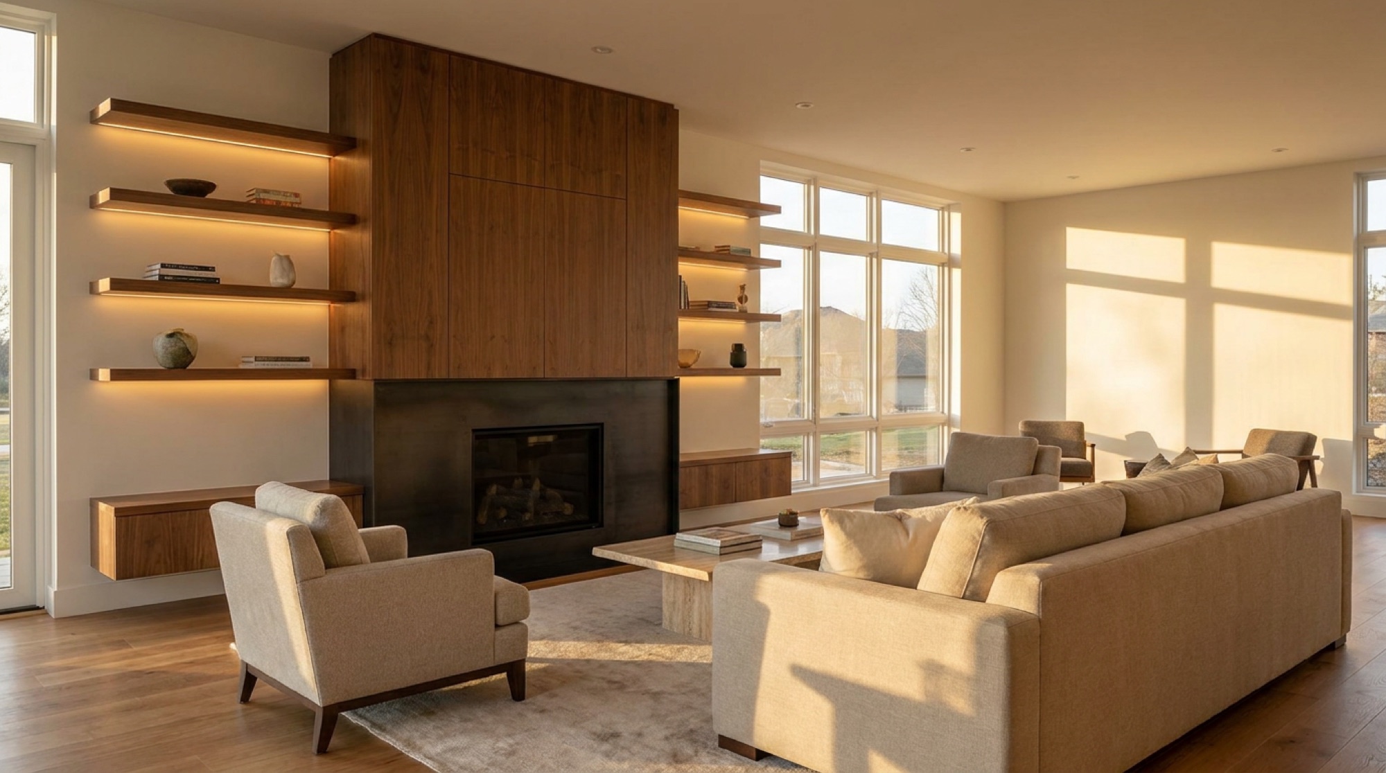 Custom walnut media feature wall in the Tana Markoe Residence