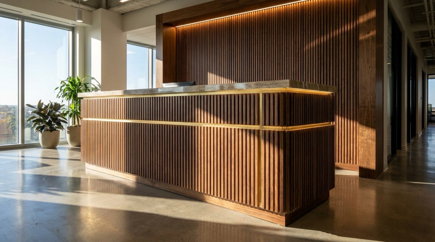 Concept render — Office millwork — reception and front-of-house