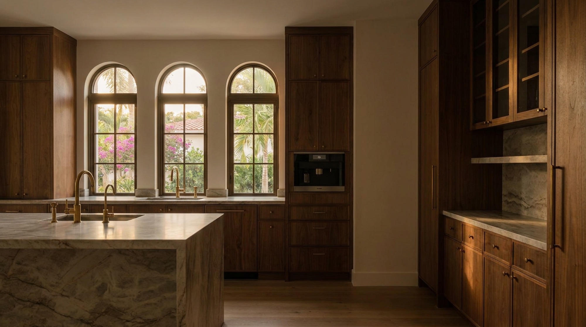 Warm custom kitchen and pantry millwork in the Ortega single-family home