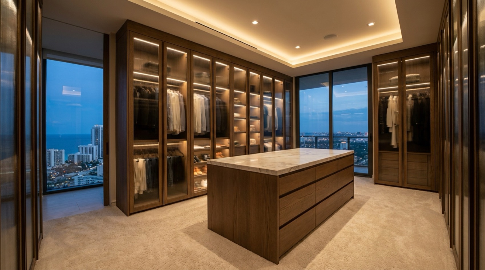 Backlit smoked oak wardrobes in the Peninsula Residence dressing room