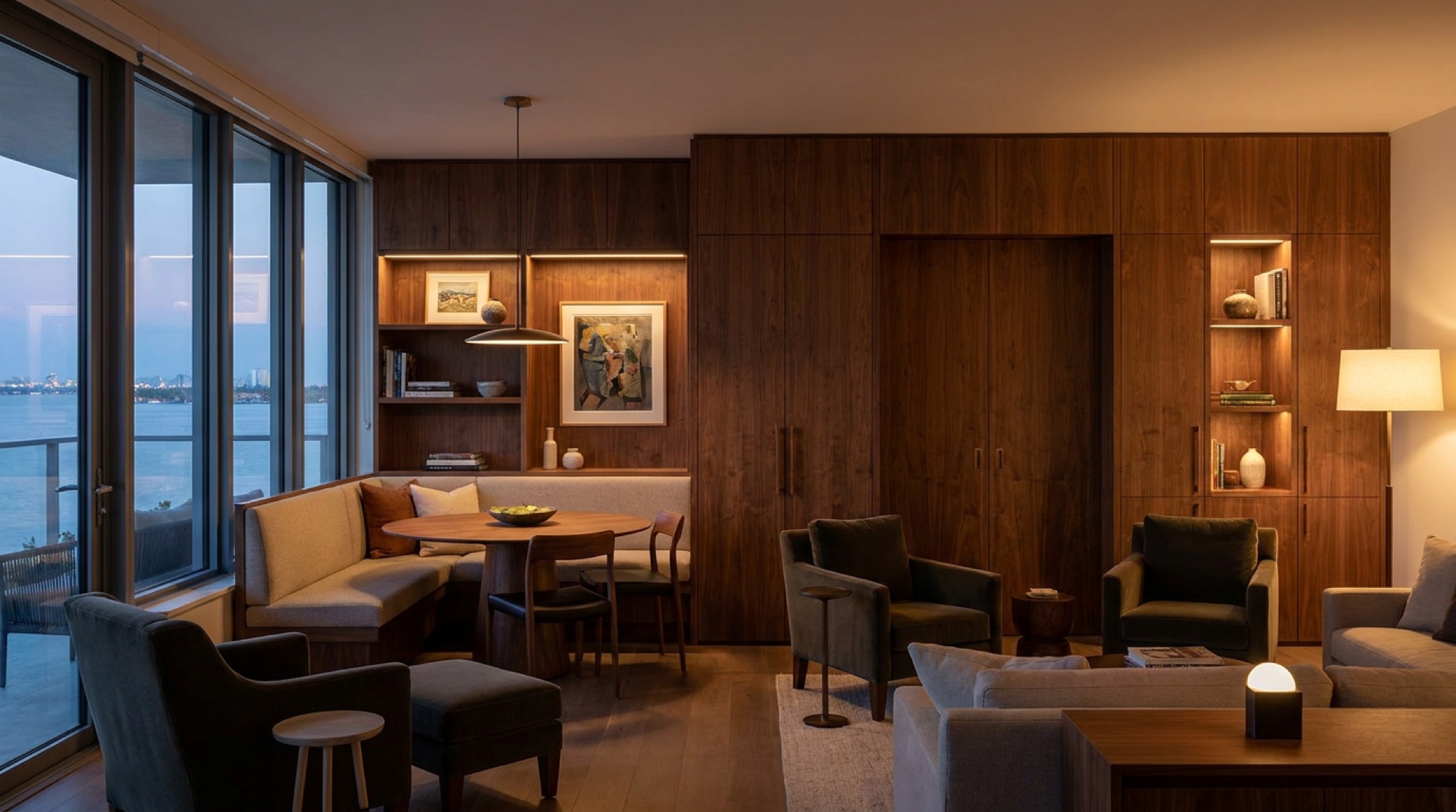Integrated walnut millwork wall and banquette dining in the Stern Residence