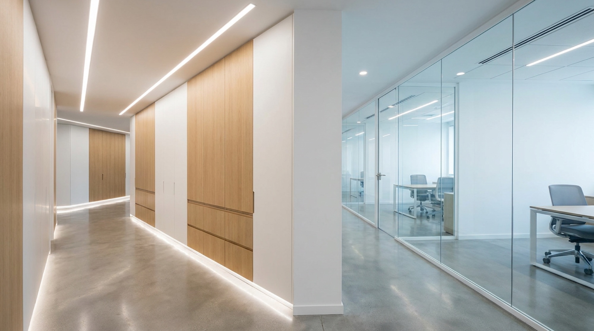 Concept render — Casework — full-height storage walls through the facility