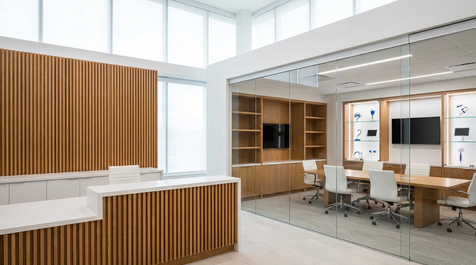Custom oak millwork reception and casework at the US Ophthalmic headquarters